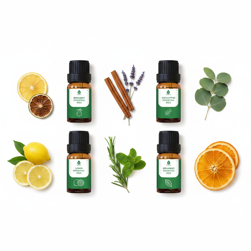 Flat lay of 8 pure essential oils with natural ingredients - eucalyptus lavender lemongrass peppermint tea tree