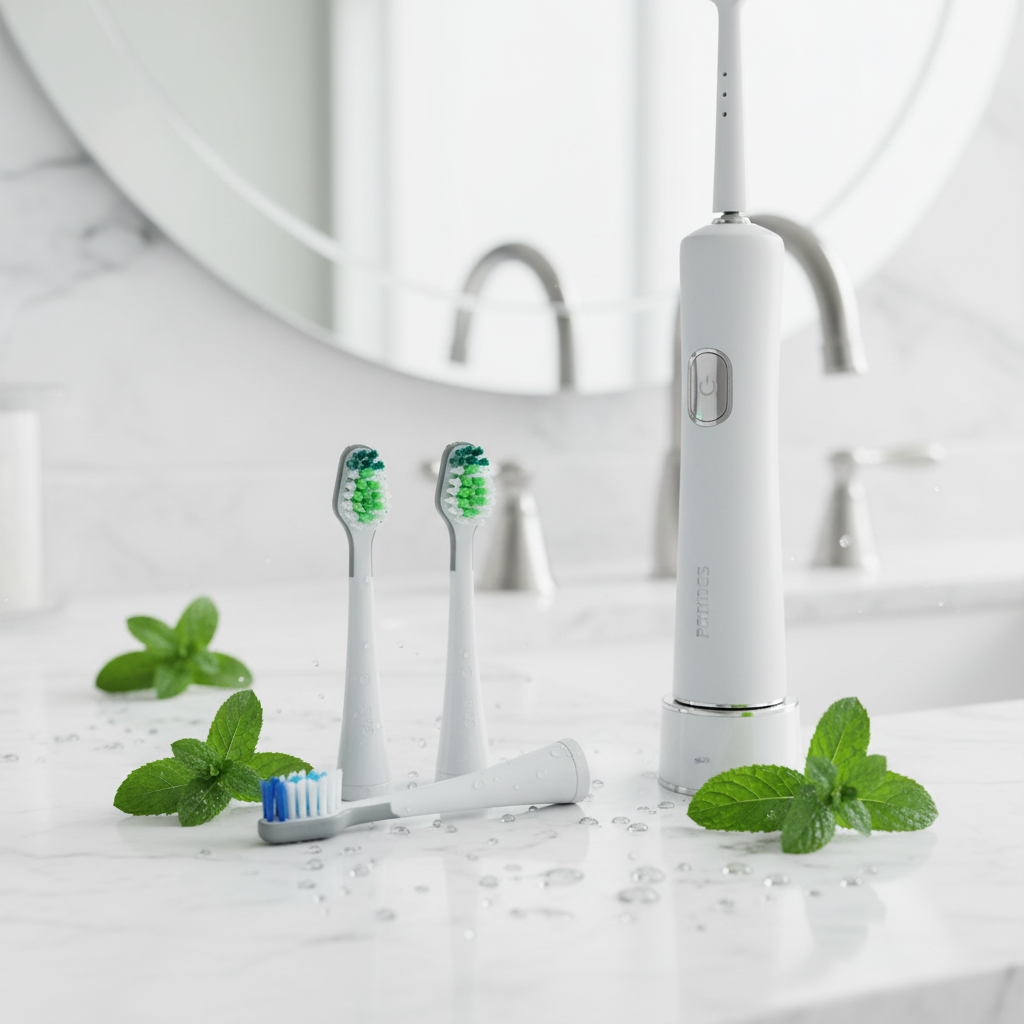 3 pack Pursonic replacement brush heads on bathroom countertop with electric toothbrush and mint leaves