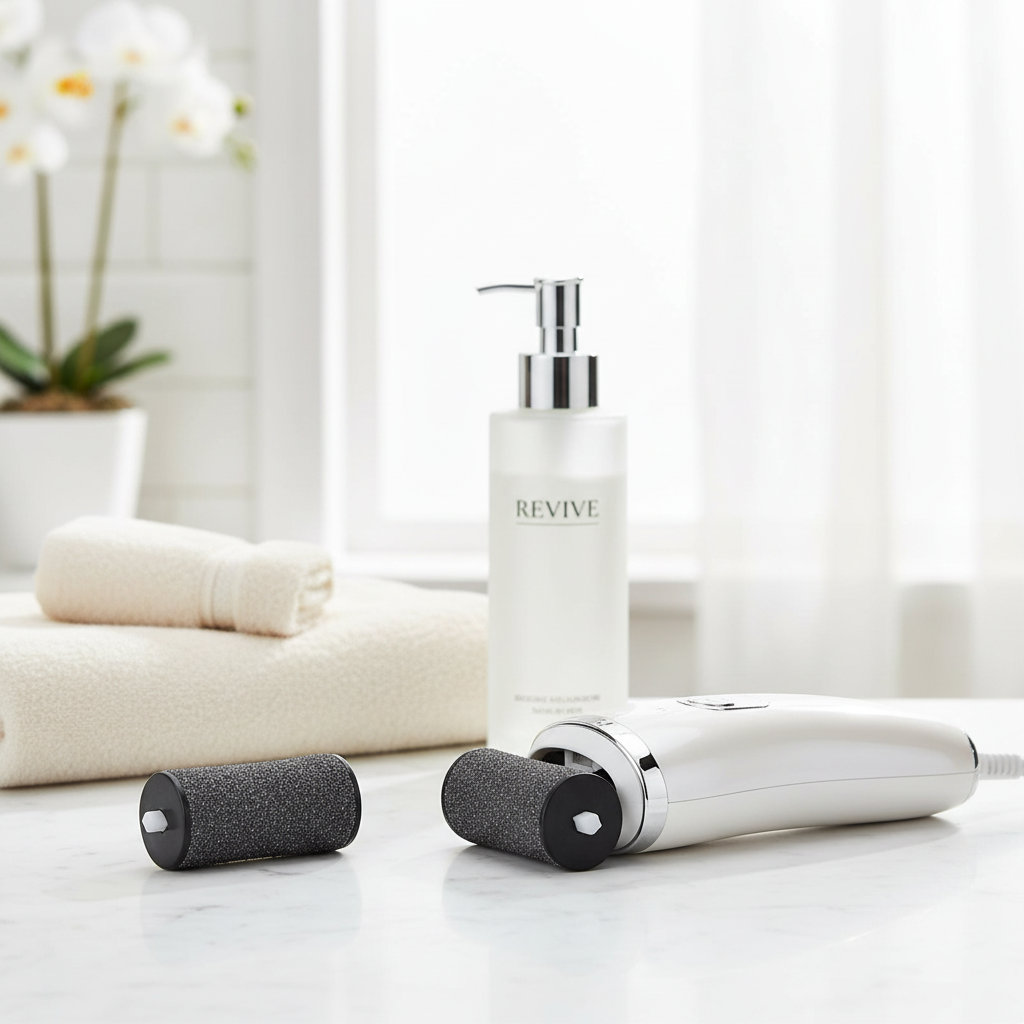 2 Pursonic CR500 replacement callus remover rollers on bathroom countertop with foot file device and lotion