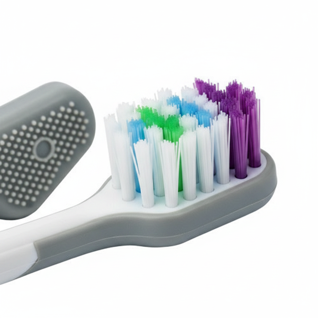 Close up of Pursonic electric toothbrush replacement brush head bristles and silicone tongue cleaner