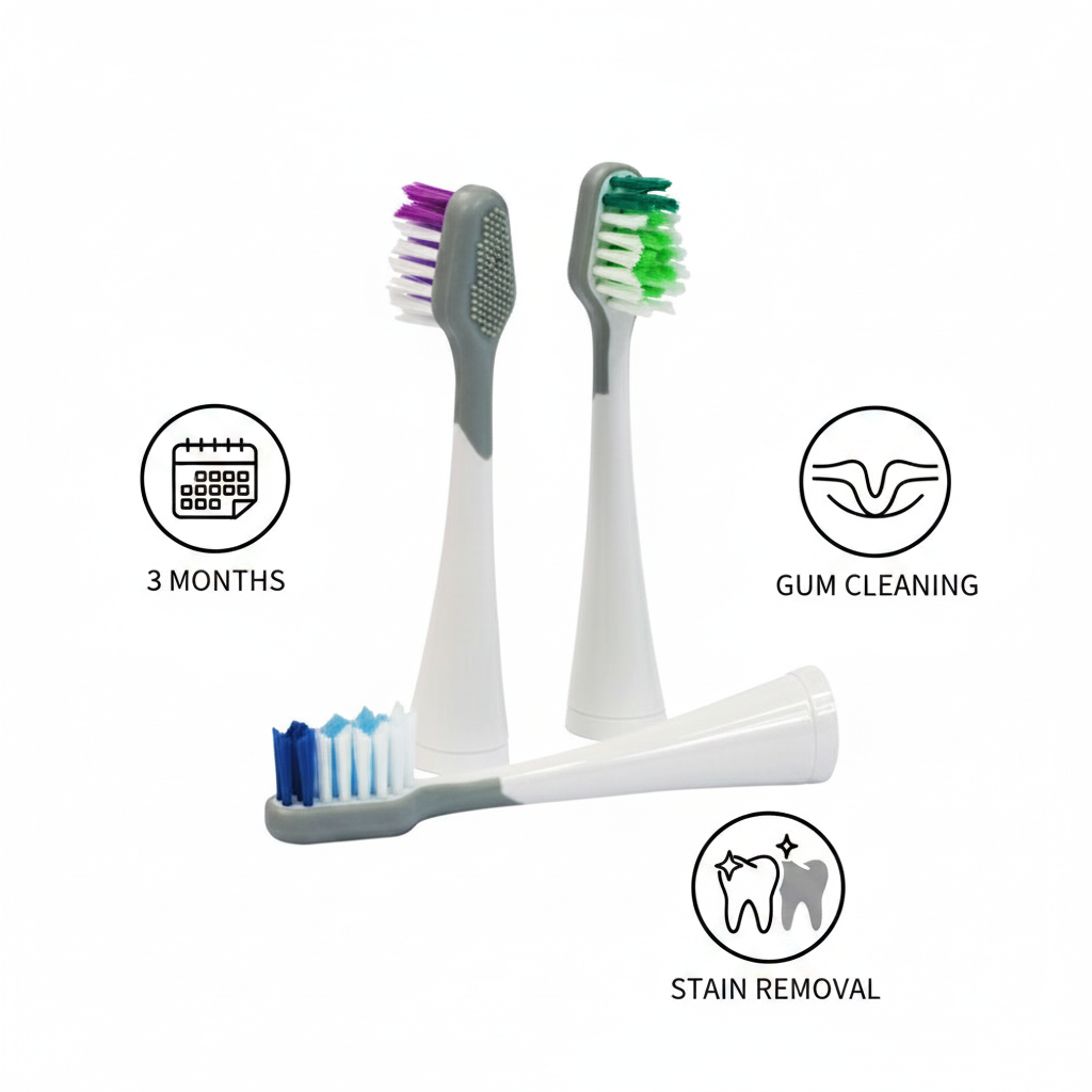 3 pack replacement toothbrush heads flat lay showing gum cleaning and stain removal benefits