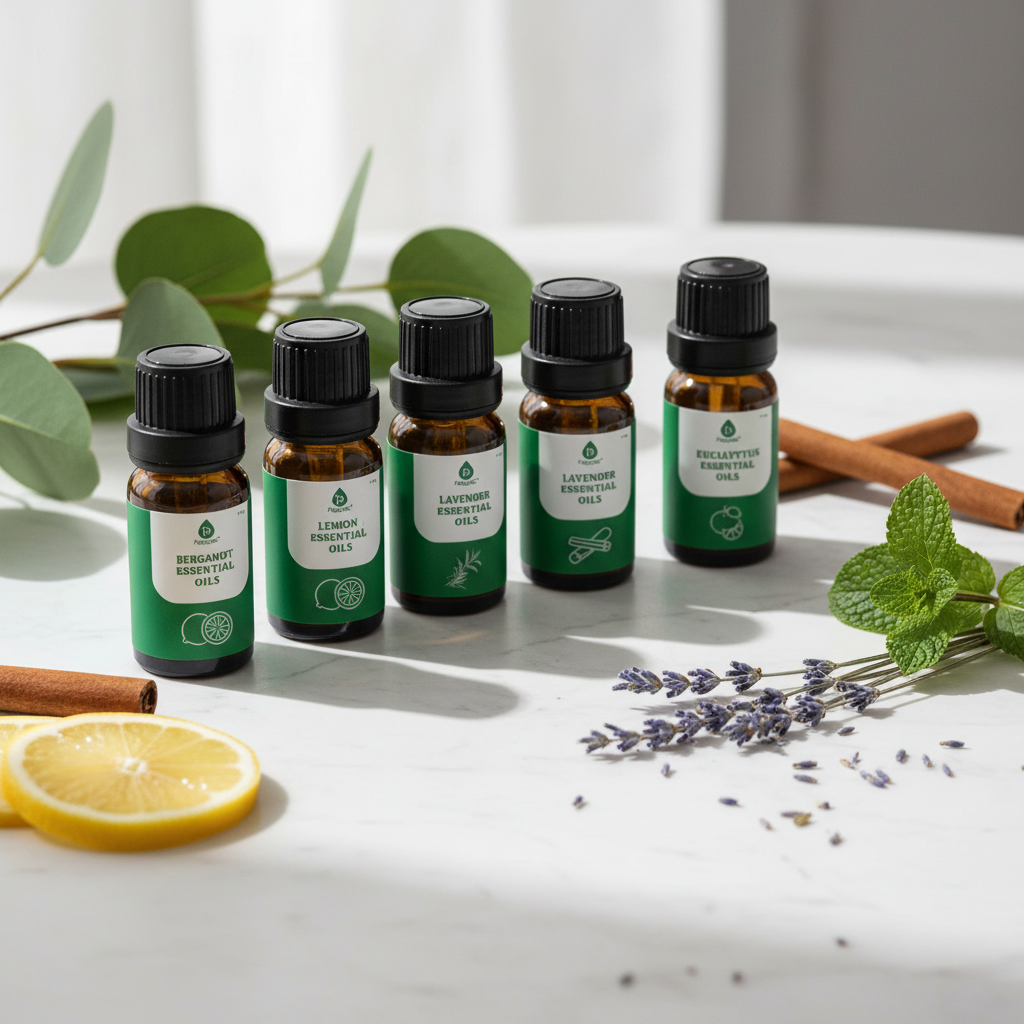 Essential oils collection with natural botanicals - eucalyptus, lavender, peppermint and cinnamon on marble surface